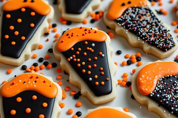 Halloween cookies shaped like coffins decorated with orange and black icing and seasonal sprinkles