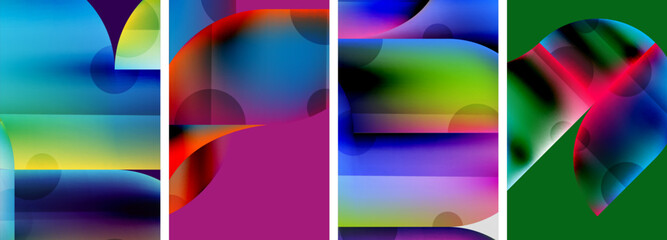 Set of colorful geometric posters - round shapes and circles with fluid color gradients. Abstract backgrounds for wallpaper, business card, cover, poster, banner, brochure, header, website