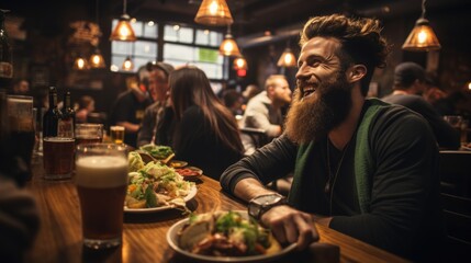 Joyful bearded man enjoying beer and food, celebrating saint patric day in a vibrant pub