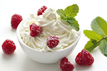 Close up of white background with bowl containing whipped cream raspberries and mint leaves