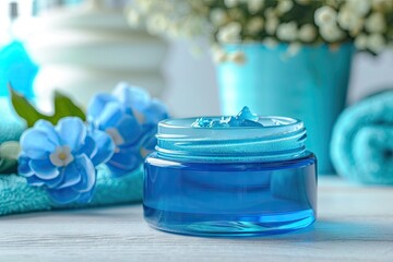 Blue jar of petroleum jelly for moisturizing and skincare - obrazy, fototapety, plakaty