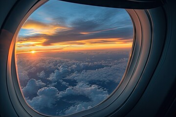Airplane window offering a view of the sunset sky