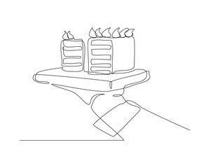 Continuous single line sketch drawing of waitress hand holding tray with birthday tart cake. One line art of delicious dessert bread cake surprise decoration hand serving vector illustration