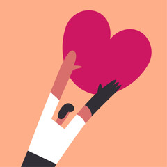 Obraz premium Celebrating Valentine's Day for people with disabilities. Man with a prosthetic arm holds a big heart. Flat vector illustration.