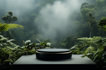 product podium with a tropical jungle theme in the jungle with generative ai