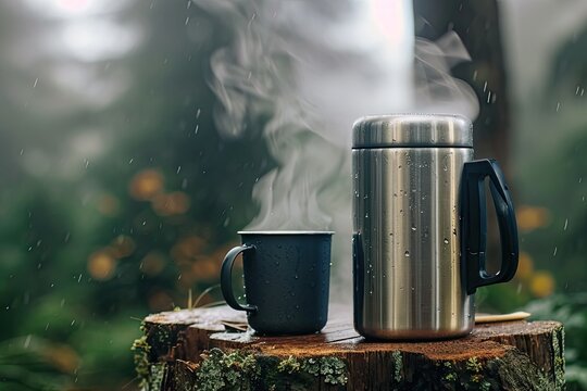 Outdoors a thermos and aluminum mug emit steam Camping flask and iron cup on rainy tree stump Hiking and camping idea