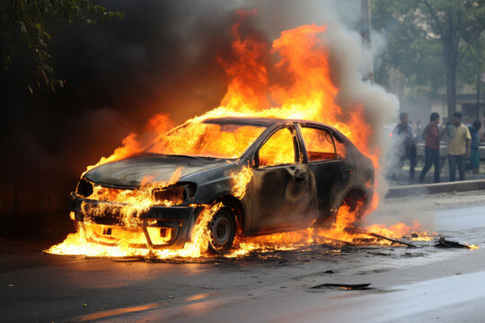 A car was engulfed in flames