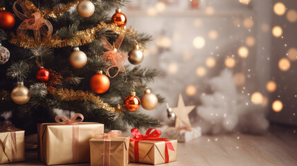 Christmas themed material with presents and a beautiful Christmas tree at home