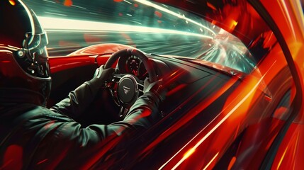 The intense concentration on a drivers face as they go through a hairpin turn their hands swiftly shifting gears and their foot pressing on the gas pedal. - obrazy, fototapety, plakaty
