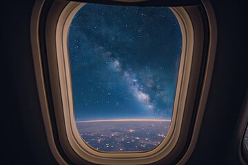 Nighttime view from airplane window with starry sky and Milky Way