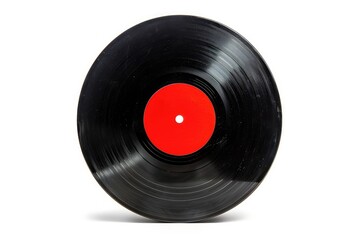 Red label on isolated old black vinyl record