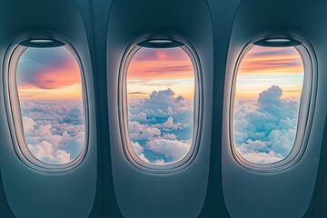 Variety of airplane windows with diverse scenes