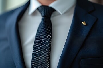 Closeup of lapel pin on men s tailored suit for corporate meeting