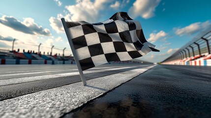 The checkered flag waving vigorously in the breeze signaling the end of the race and the final...
