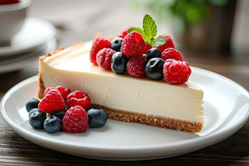 Close up of a table with delicious cheesecake and berries