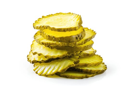 Isolated white background stack of dill pickle chips