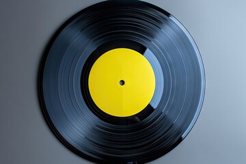 Yellow label vinyl player on gray background Modern phonograph concept in trendy colors