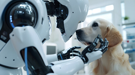 futuristic medical veterinary robot examining female dog in pet hospital - obrazy, fototapety, plakaty