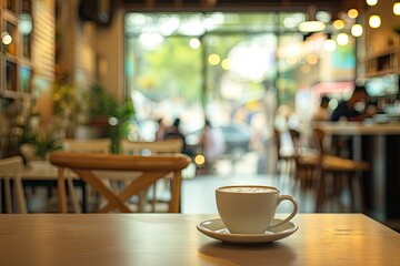 Cafe interior with a blurred background including a coffee cup on a table