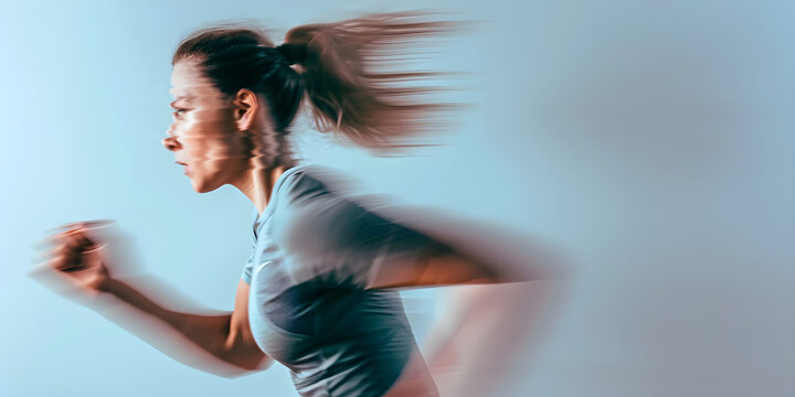 motion blurred sportswoman running and doing strength training in a studio, grey background, time-lapse action shot