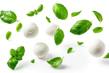 Foto op Canvas Mozzarella and basil float on a white background © The Big L
