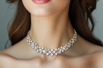 Elegant woman adorned in sparkling diamond necklace symbolizing upscale bridal jewelry - obrazy, fototapety, plakaty