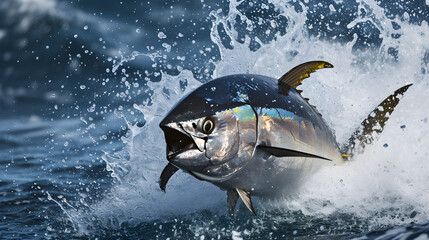 tuna breaching water surface, action shot splash - obrazy, fototapety, plakaty