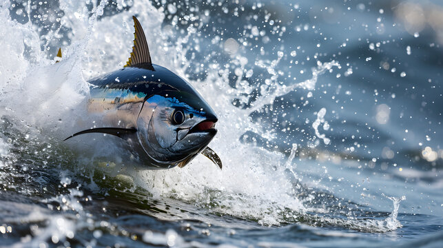 tuna breaching water surface, action shot splash