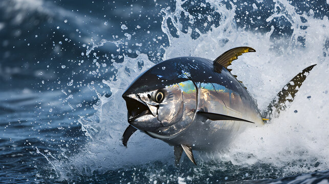 tuna breaching water surface, action shot splash