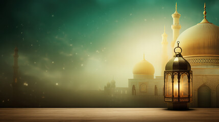 green and gold islamic background, with mosque and lantern - obrazy, fototapety, plakaty