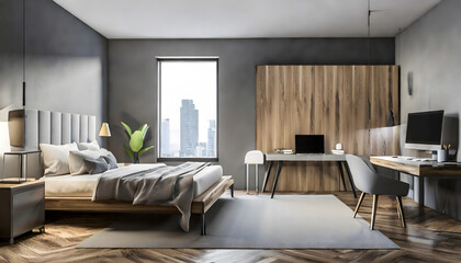 Bedroom with bed and wardrobe with computer on table. Generative AI.