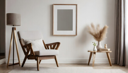 Blank picture frame mockup on white wall. White living room design. View of modern scandinav. Generative AI.