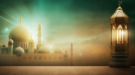 green and gold islamic background, with mosque and lantern