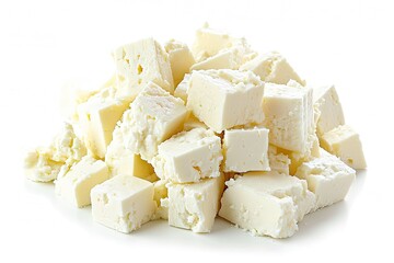 Feta cheese cubes Greek on white background clipped focused