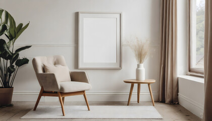 Blank picture frame mockup on white wall. White living room design. View of modern scandinav. Generative AI.