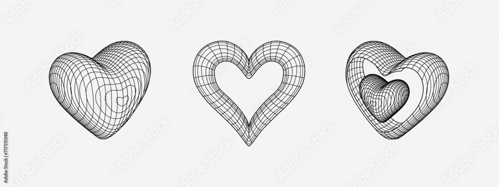 Wall mural Y2k grid wireframe hearts. Geometry cyberpunk shapes in neon pink color. Happy Valentines Day.