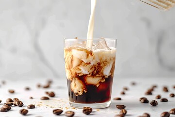 Cold brew coffee with milk poured over in a glass