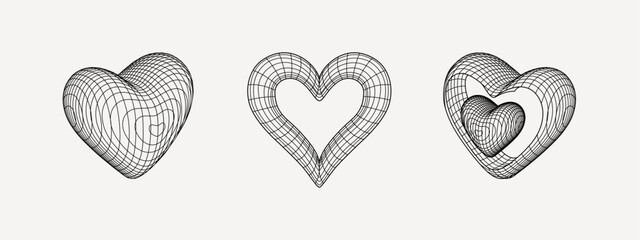 Y2k grid wireframe hearts. Geometry cyberpunk shapes in neon pink color. Happy Valentines Day. - obrazy, fototapety, plakaty