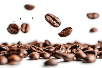 Coffee beans falling on white background suitable for coffee product advertising