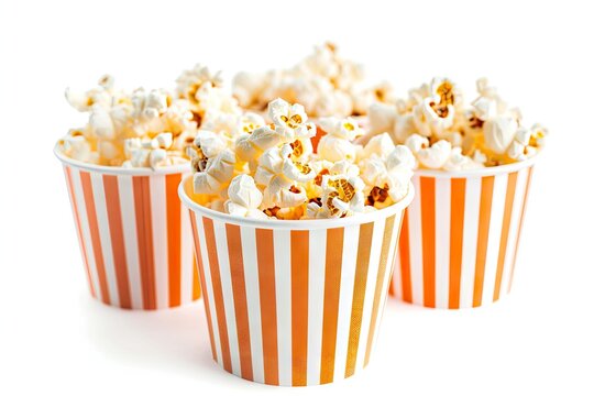 Striped paper popcorn buckets isolated on white background Depicting cinema or TV