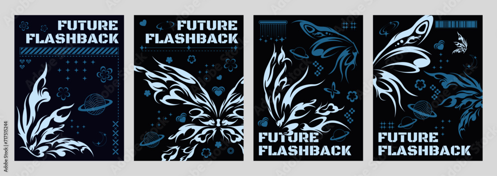 Poster y2k retro poster design template with grey tribal abstract graphic butterfly shape elements on black