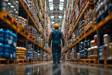 A warehouse worker in coverall and a helmet walks among shelves full of products