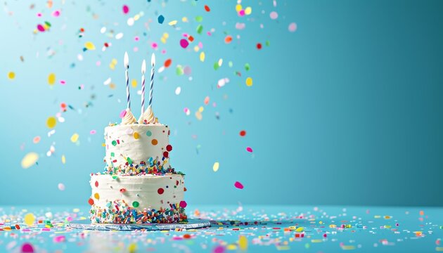 Festive birthday cake with lit candles on a blue background with colorful confetti. Celebration background.