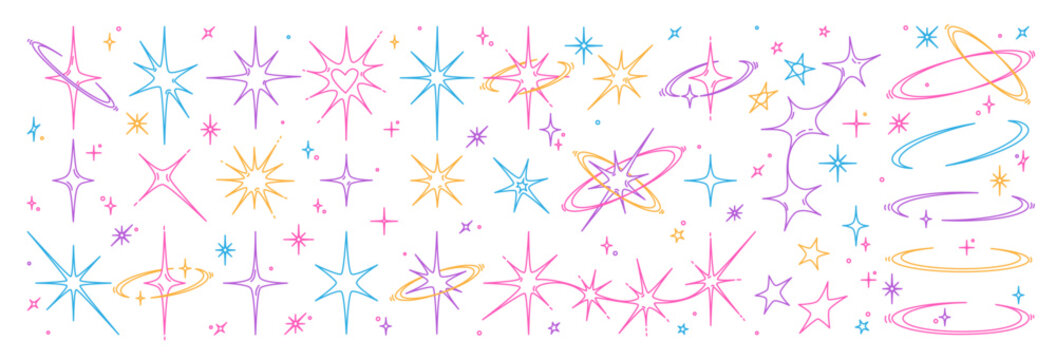 Y2k star sparkle bling abstract tattoo shapes. Simple minimal geometric signs in retro 2000s style.