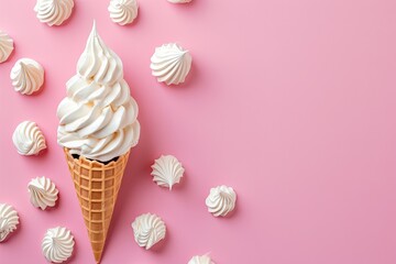 Waffle ice cream cone with white meringues on pink background greeting card