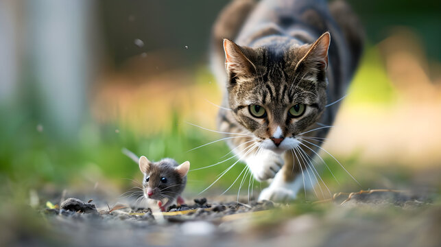 high speed chase, cat chasing mouse, motion blurred 