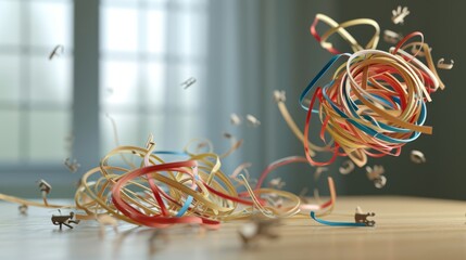 As the stretching contest heats up one rubber band starts to lose their grip and goes flying through the air narrowly avoiding a group of unsuspecting paper clips who are - obrazy, fototapety, plakaty