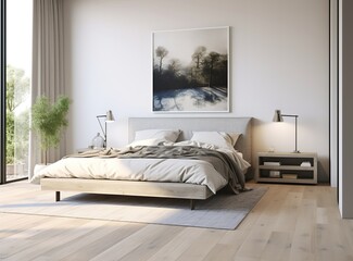 a modern and luxurious bedroom features a large bed with white linens and a gray throw blanket, a white and black abstract painting above the bed, and a wooden floor.