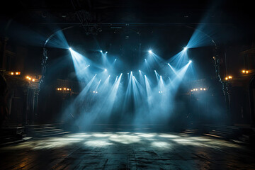 empty  stage with  black gray spotlights, Artistic performances stage light background with spotlight illuminated the stage for contemporary dance. Empty stage with monochromatic colors lighting 