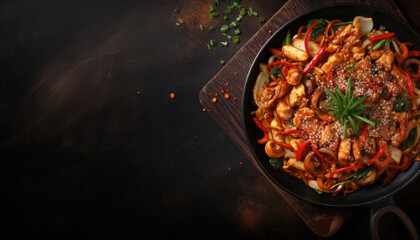Top view of korean food in black frying pan with vegetables and spices decoration on dark surface. Red cooked asian food in a iron skillet on black background with copy space for text. Generative AI.